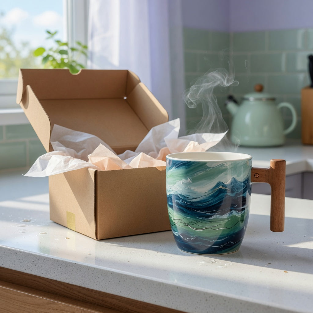 Mountain Sea II coffee mug gift ideas: coffee tea mug with wooden handle beside a wrapped gift on a kitchen counter