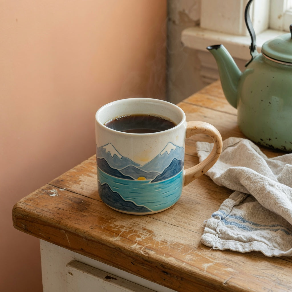 The mountain sea ii coffee tea mug with a wooden handle on a kitchen counter beside a kettle