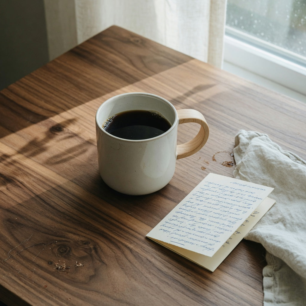 Mountain Sea Ii Coffee Tea Mug With Wooden Handle gift ideas on a home desk beside coffee and a care card