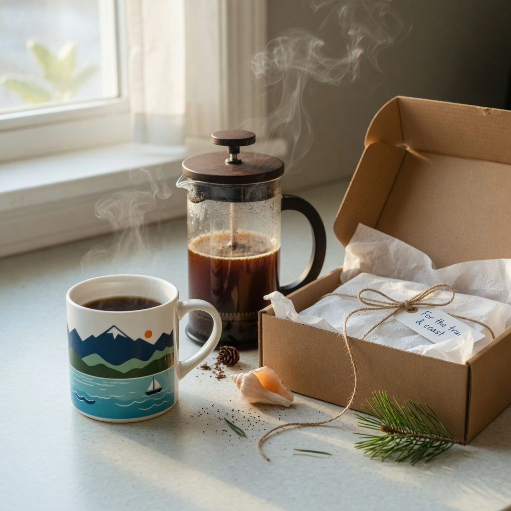 Mountain sea mug gift for coffee lovers on a kitchen counter beside a french press and a small gift box