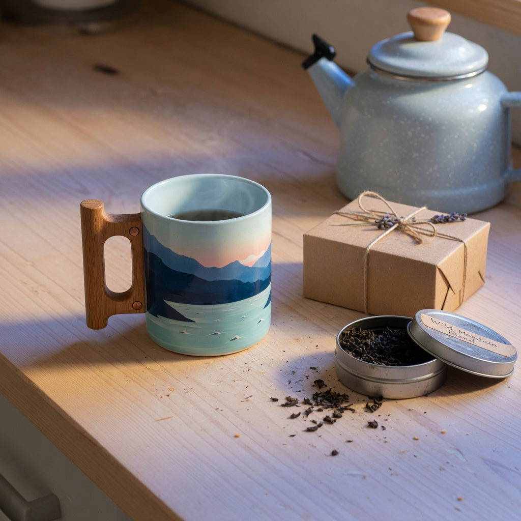 Mountain Sea mug wooden handle coffee tea gift on a kitchen counter beside a tea tin and kraft box