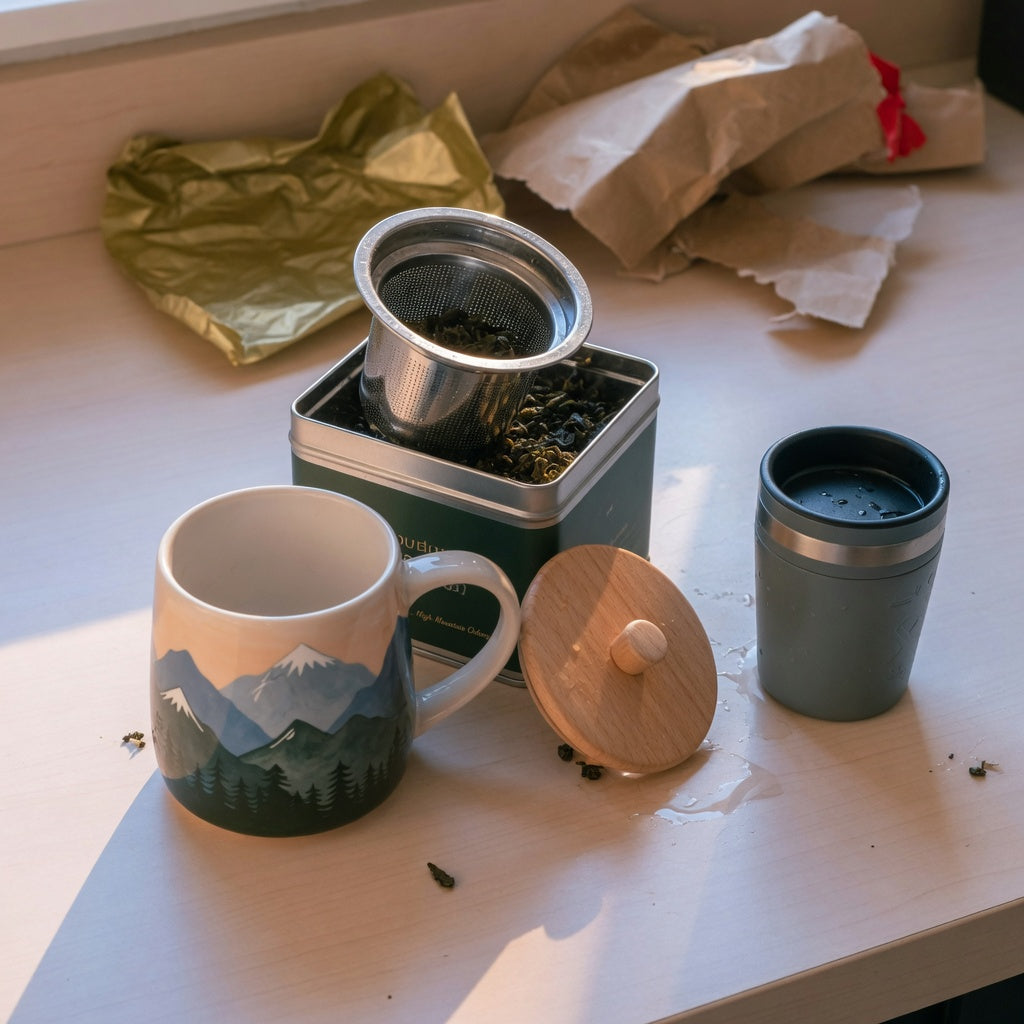 A mountain tea mug gift checklist laid out on a kitchen counter with a ceramic mug, loose-leaf tin, infuser basket, and trail tumbler