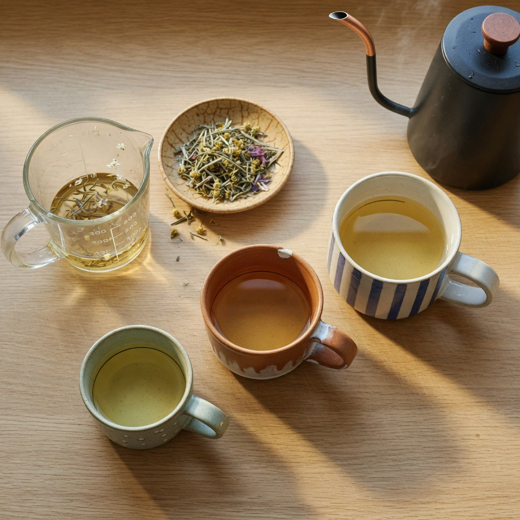 Three ceramic mugs filled to a line below the rim for a mountain tea mug size guide, beside loose mountain tea stems and a measuring jug