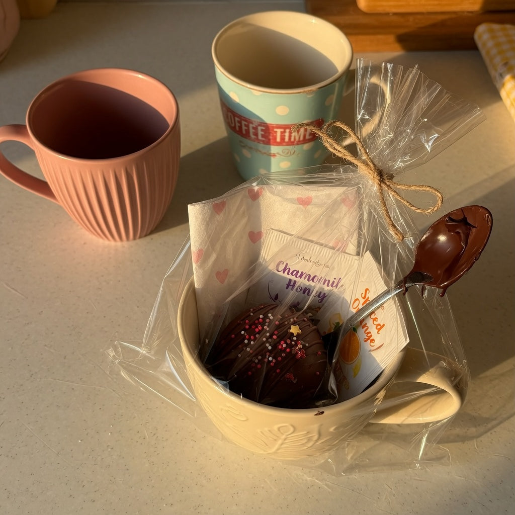 Mug present ideas: a ceramic gift mug filled with cocoa and tea sachets, wrapped in cellophane and tied with twine on a kitchen counter