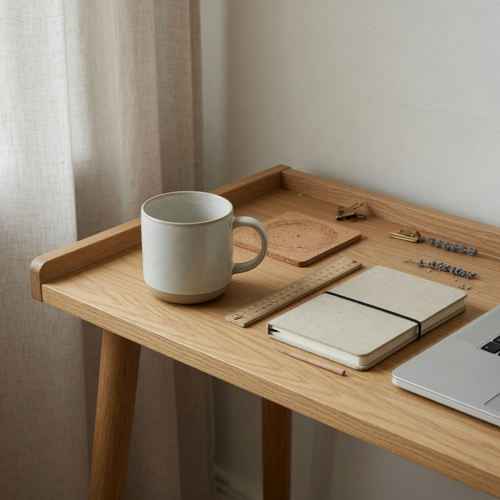 Mug shelf desk ceramic setup with a cup, coaster, ruler, notebook, and laptop on a narrow wood shelf