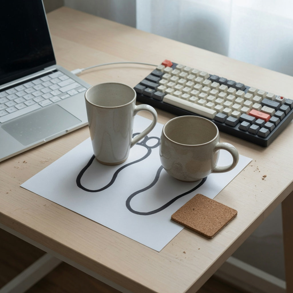 Product comparison showing narrow desk coffee mug ceramic tall fit beside a laptop, keyboard, and round mug