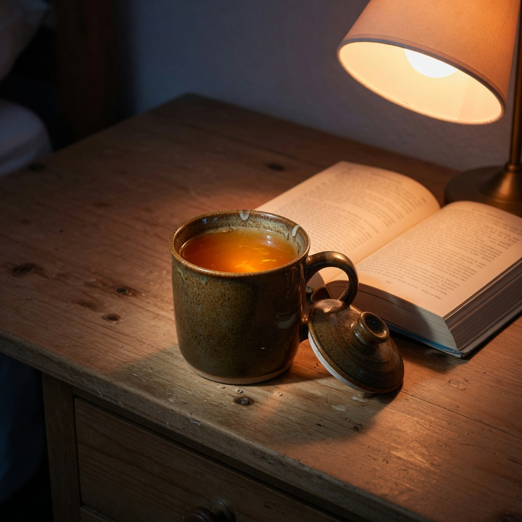 Night tea mug buying checklist scene with a glazed ceramic mug of herbal tea on a wooden nightstand