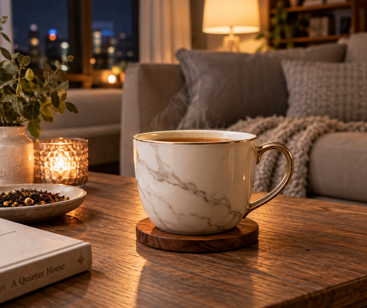 night tea mug for home decor displayed in a serene home setting with soft evening lighting
