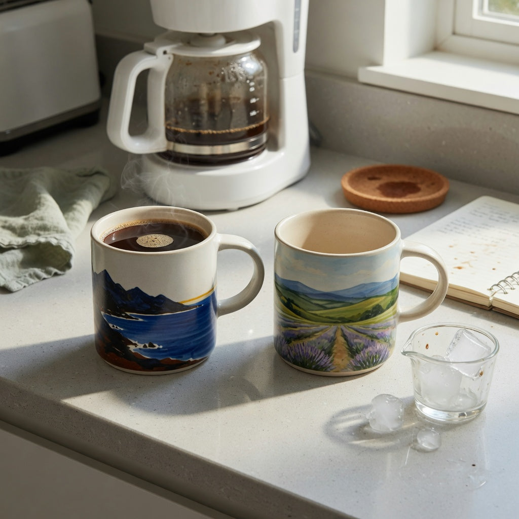 ocean coffee mug daily use guide showing mountain-sea and landscape ceramic mugs on a practical kitchen counter