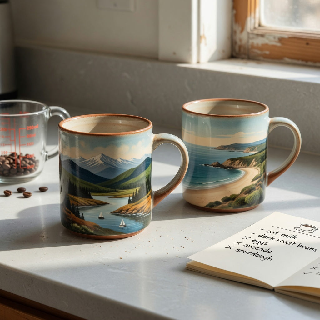 Ocean coffee mug first time buyer practical purchase checklist with mountain-sea and landscape ceramic mugs on a kitchen counter