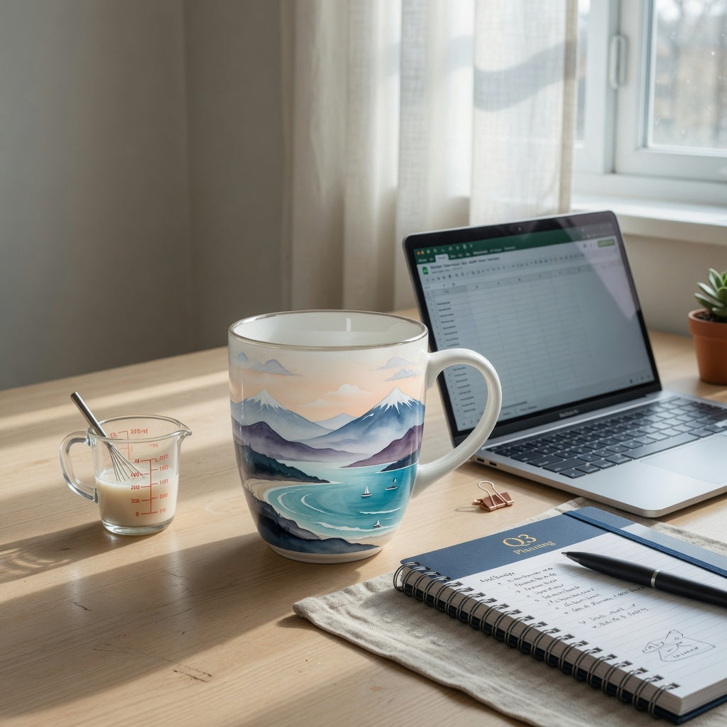 Ocean coffee mug home office practical purchase checklist shown with a scenic ceramic mug beside a laptop and meeting notebook