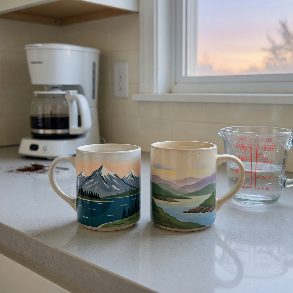 Ocean coffee mug morning routine practical purchase checklist with scenic ceramic mugs and a measuring cup on an early-morning kitchen counter