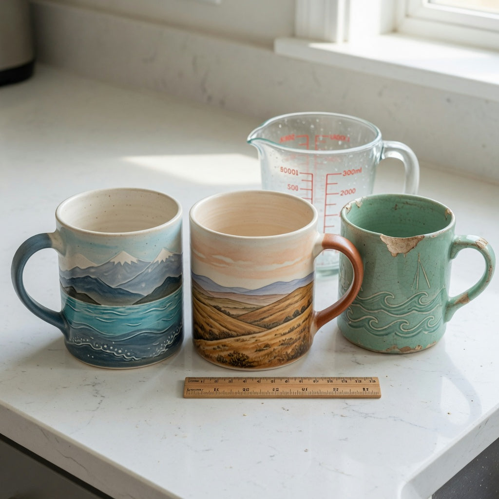 Ocean coffee mug replacement purchase practical purchase checklist setup with ceramic nature-scene mugs, measuring jug, and ruler on a kitchen counter