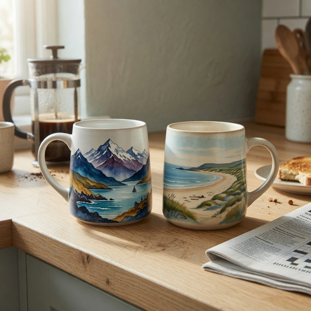Ocean coffee mug weekend coffee product shortlist guide showing two scenic ceramic mugs on a weekend kitchen counter