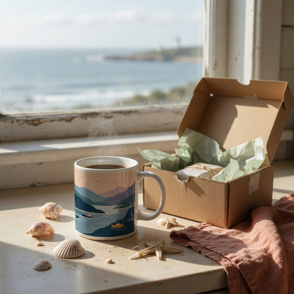 Ocean coffee mug gift with a coastal mountain-and-sea landscape print beside a wrapped gift box on a kitchen counter