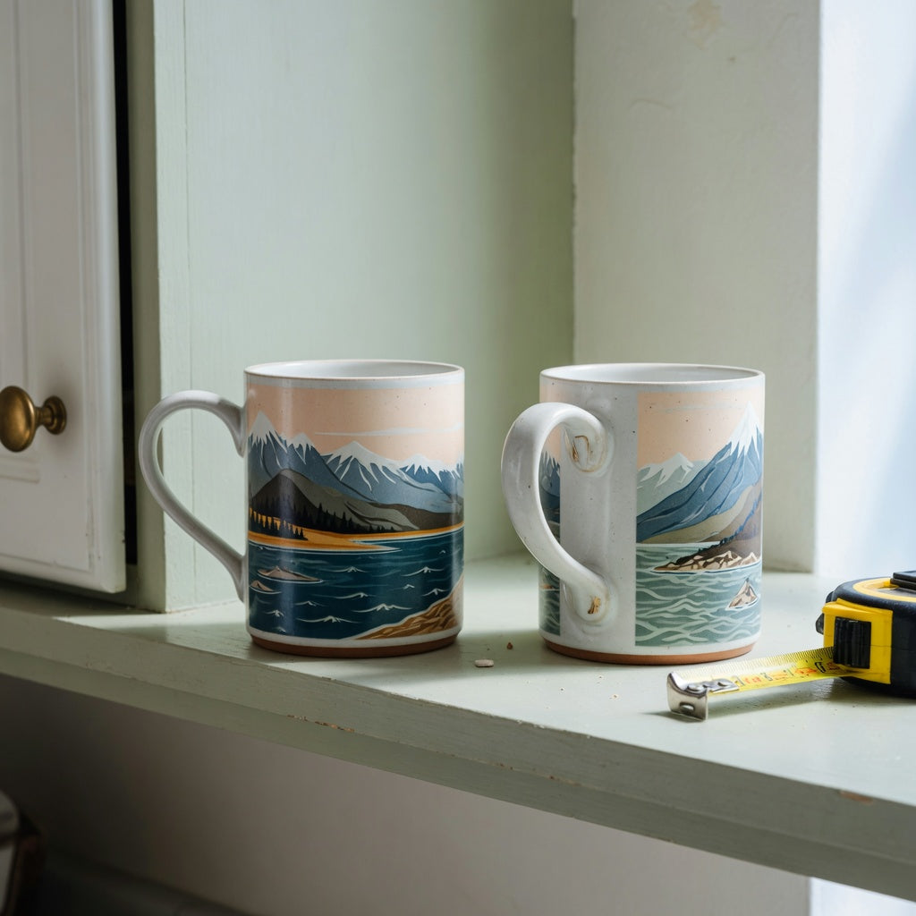 Ocean coffee mug storage fit guide showing scenic ceramic mugs and handle clearance on a cabinet shelf
