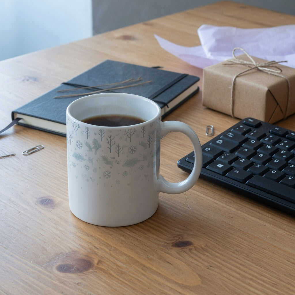 An office christmas mug gift ceramic cup on a wood desk beside a small gift box