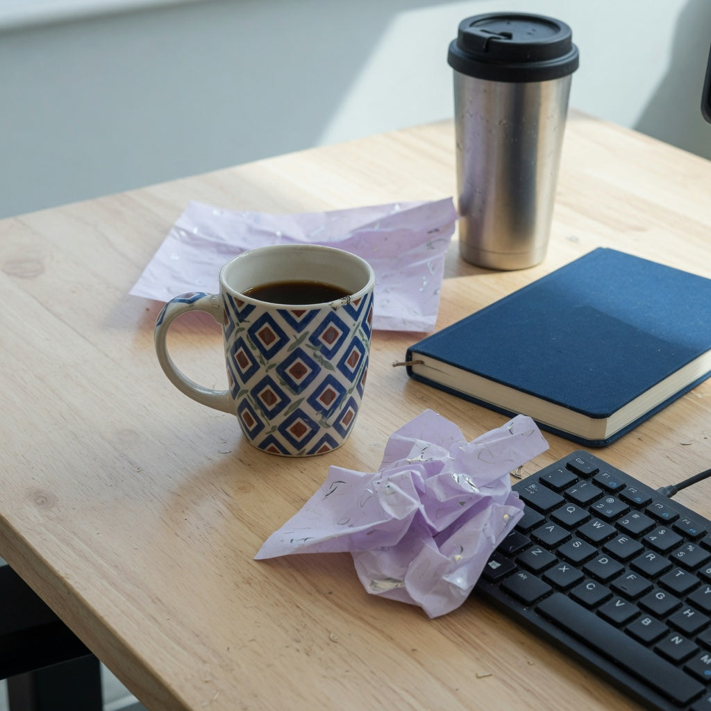 Office desk mug gift in patterned ceramic on a wood desk beside a keyboard, with a lidded tumbler nearby