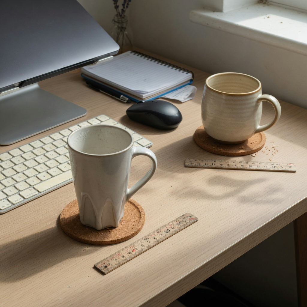 office desk tall ceramic mug on a coaster beside a keyboard and notebook
