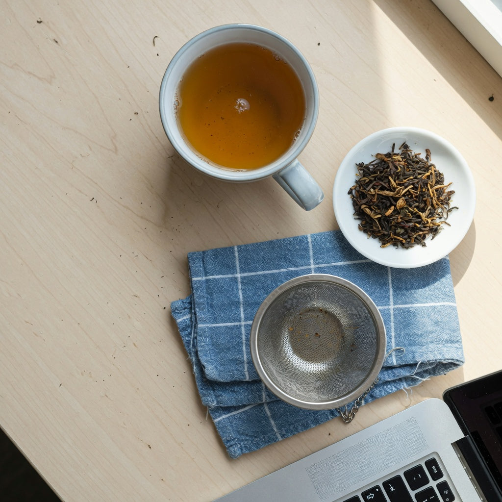 Office mug for loose leaf tea on a desk beside whole leaves and a separate mesh basket
