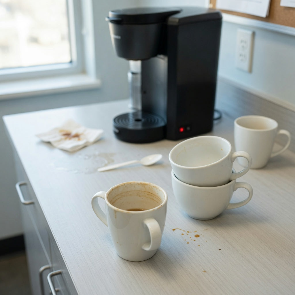 Office white ceramic coffee mugs on a break-room counter beside a coffee maker