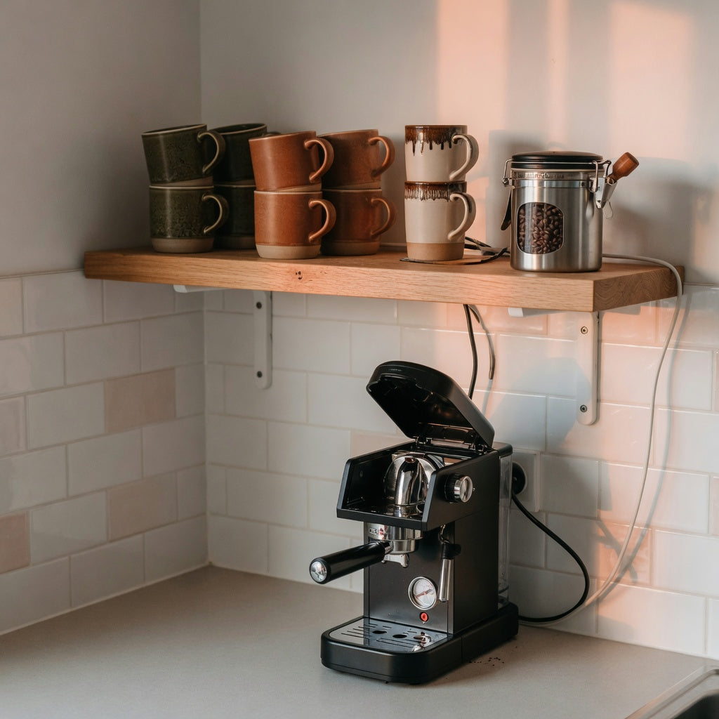 Open shelf coffee corner ideas with mugs: stacked stoneware mugs and a bean canister on an oak floating shelf above a countertop espresso machine