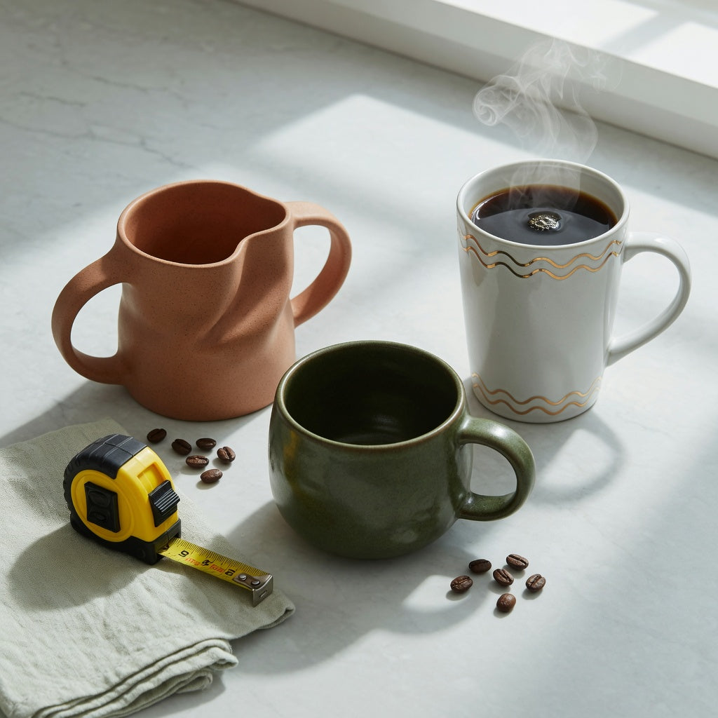 Oversized ceramic coffee mug gift comparison: three ceramic mugs of different heights on a kitchen counter with a tape measure for fit checks