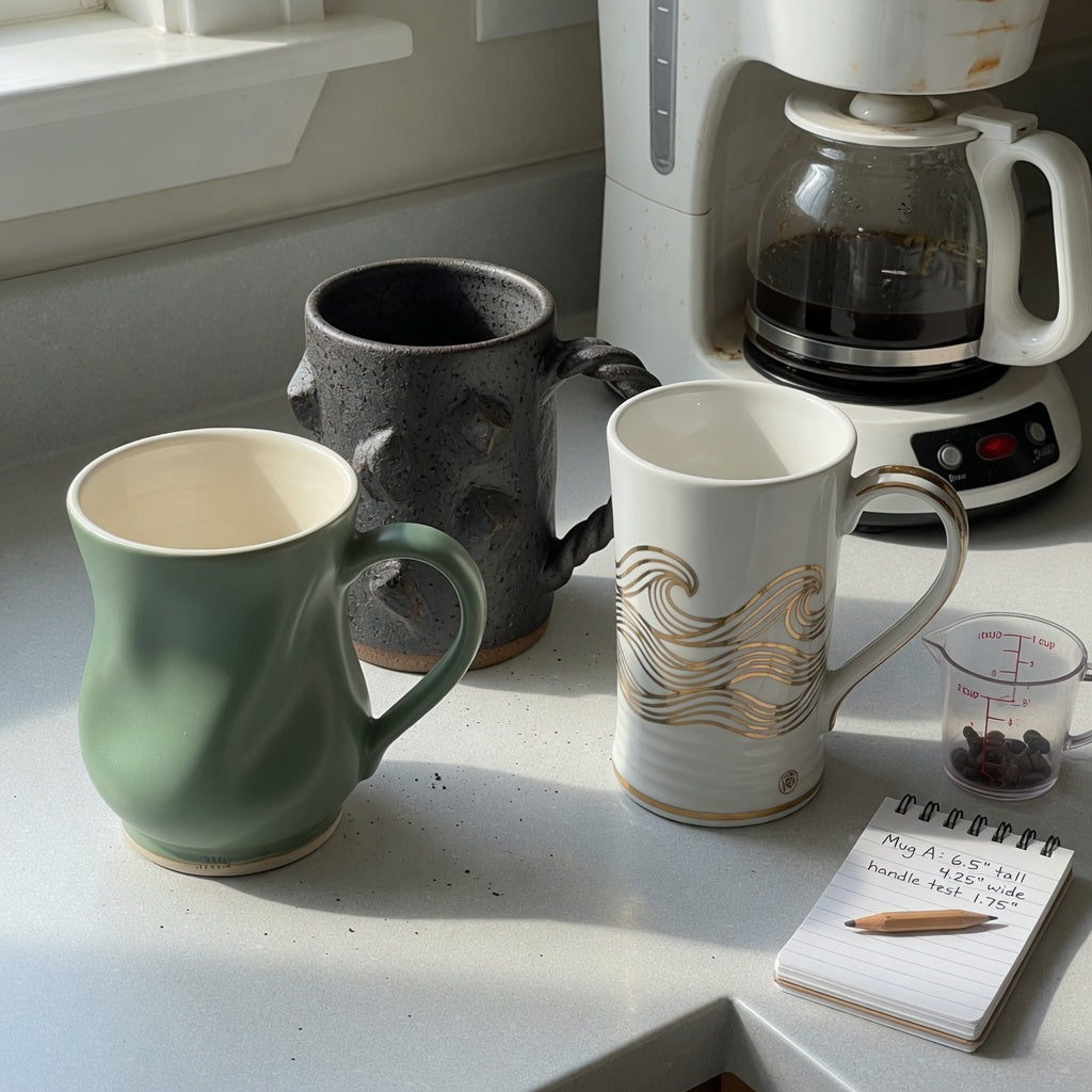 Kitchen counter showing oversized ceramic coffee mugs buying priorities through capacity, shape, handle width, and brewer clearance