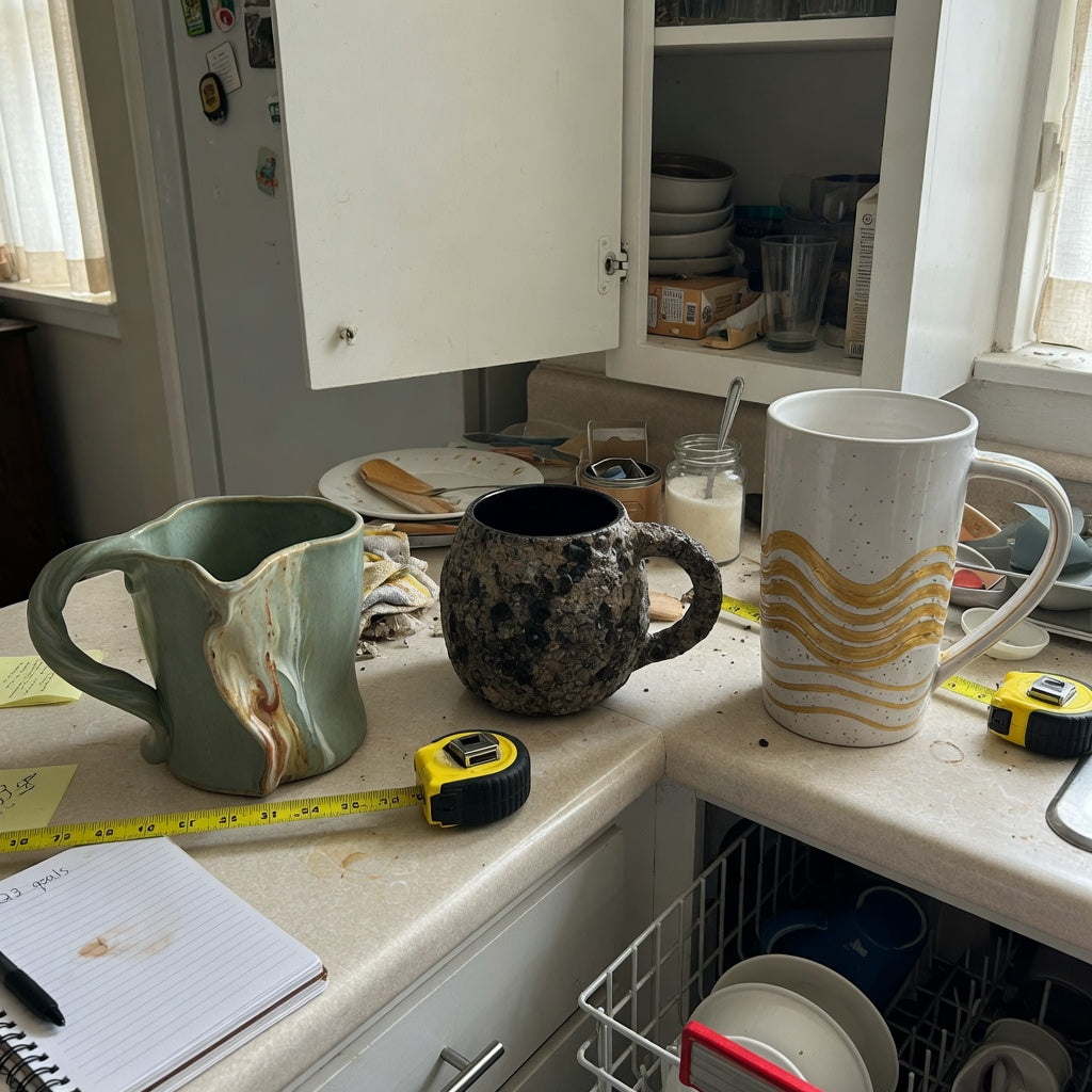 Kitchen comparison for the oversized ceramic coffee mugs everyday mug rotation product shortlist guide, with three mugs checked for cabinet and desk fit.