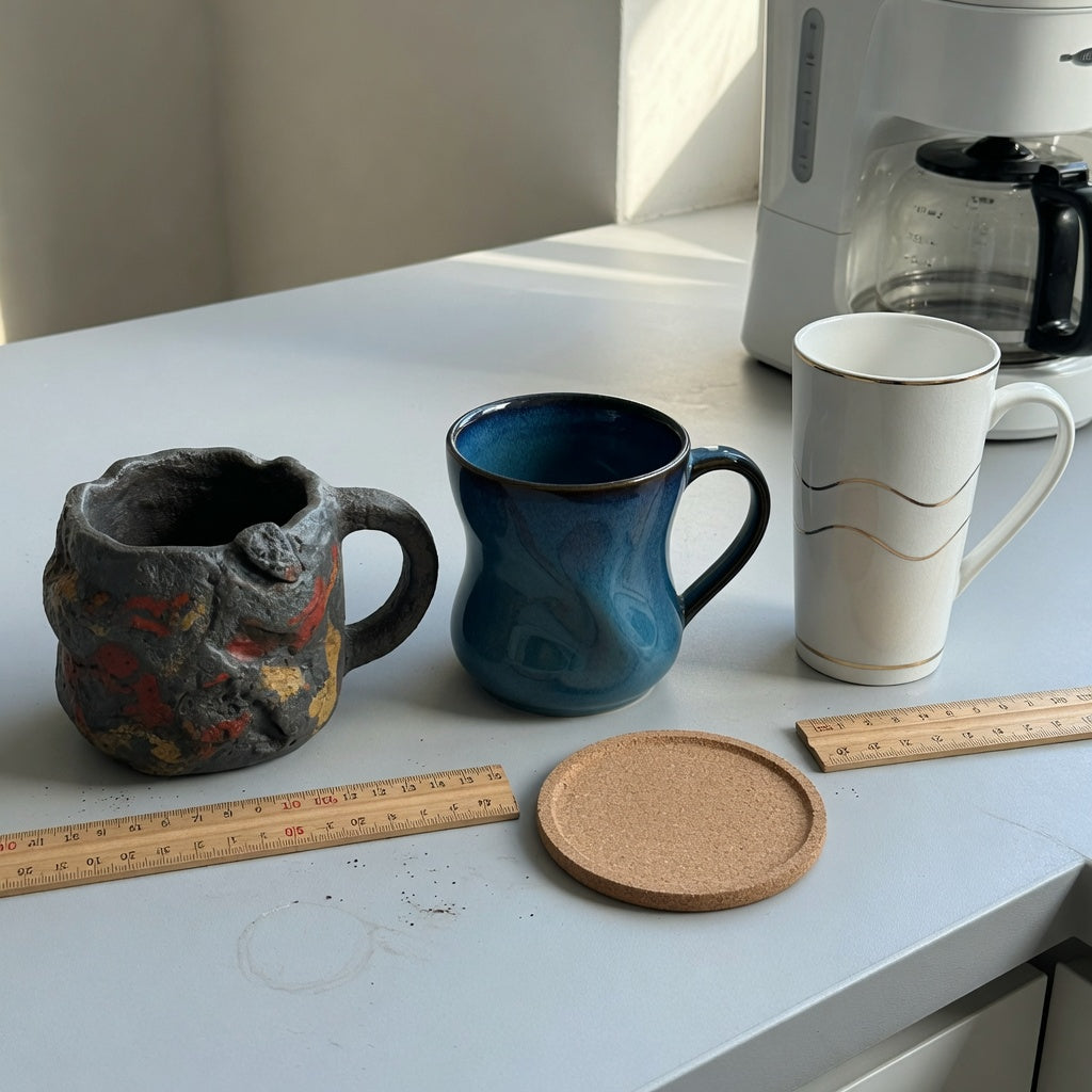 Oversized ceramic coffee mugs first time buyer product shortlist guide with three mugs beside a ruler, coaster, and coffee maker