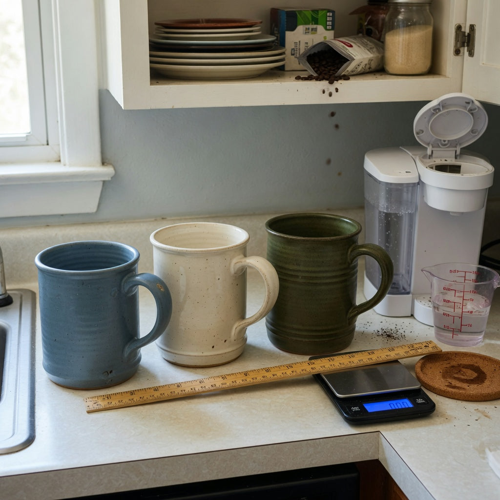 Oversized ceramic coffee mugs first time buyer practical purchase checklist with a ruler, scale, coaster, and coffee maker