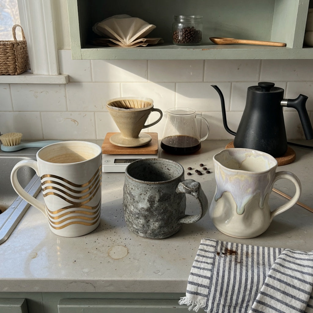 Oversized ceramic coffee mugs home coffee station product shortlist guide with three mugs beside a practical pour-over setup