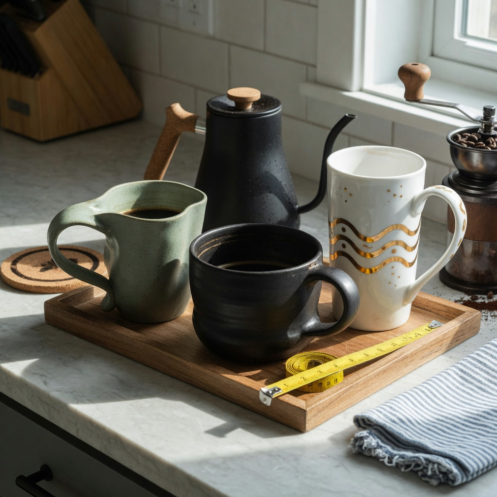 Scene for the oversized ceramic coffee mugs home coffee station practical purchase checklist, showing three mugs beside a kettle, grinder, tray, and tape measure