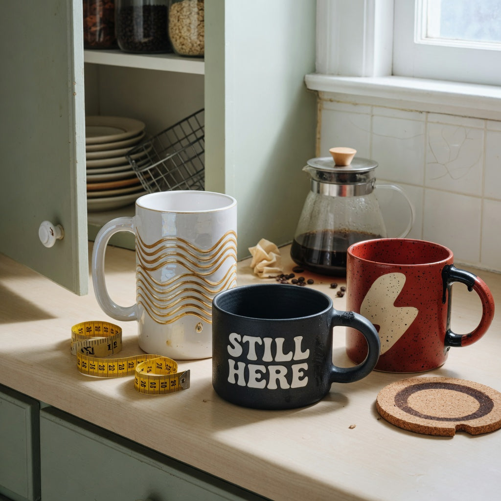 Three mugs beside an open cabinet for the oversized ceramic coffee mugs everyday mug rotation practical purchase checklist