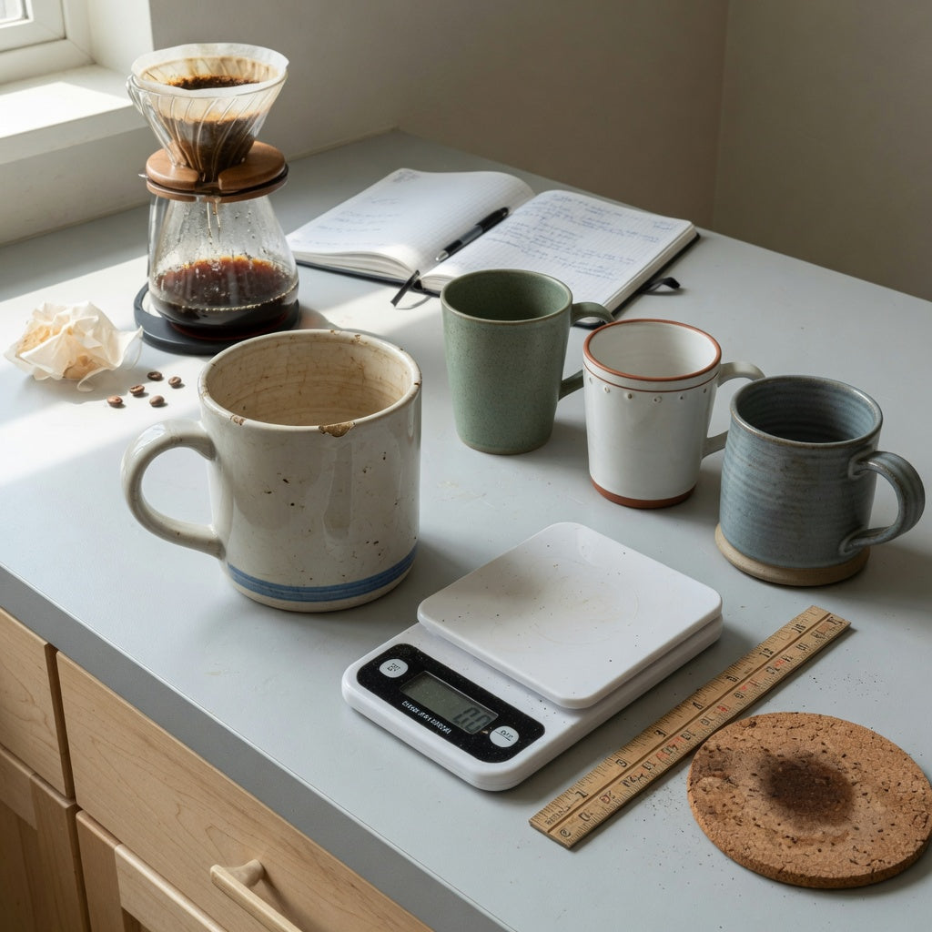 Oversized ceramic coffee mugs replacement purchase practical purchase checklist with a chipped mug, ruler, scale, and replacement options