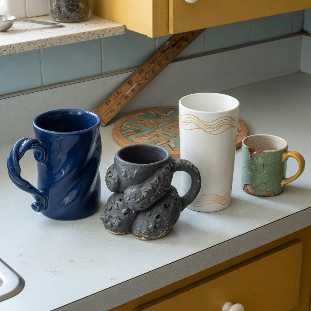 Scene for the oversized ceramic coffee mugs replacement purchase product shortlist guide, with three options beside a chipped ceramic mug