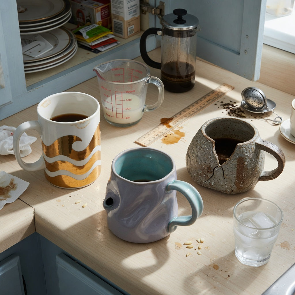 Oversized ceramic coffee mugs shared household practical purchase checklist with a ruler, measuring jug, and three mug styles on a kitchen counter