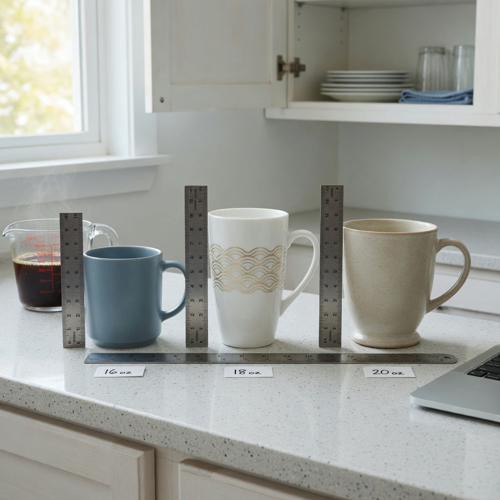 Oversized ceramic coffee mugs size decision guide comparing 16 oz Flow, 18 oz White Golden Waves Tall and 20 oz Rock mugs