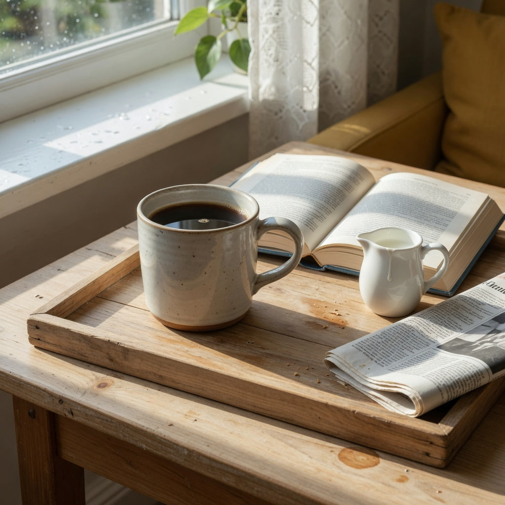 Oversized ceramic coffee mugs weekend coffee practical purchase checklist shown with a large mug, book, and wooden serving tray