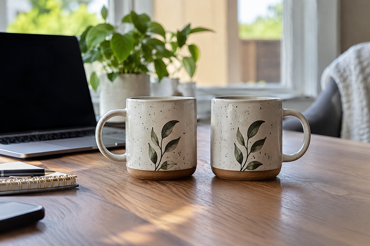 pair of ceramic coffee mugs for desk on a home office desk