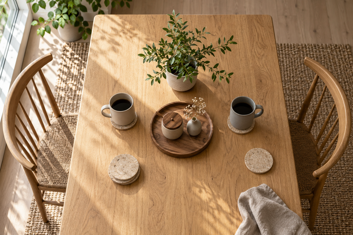 pair of ceramic mugs table styling ideas on a dining table with neutral tones and natural elements