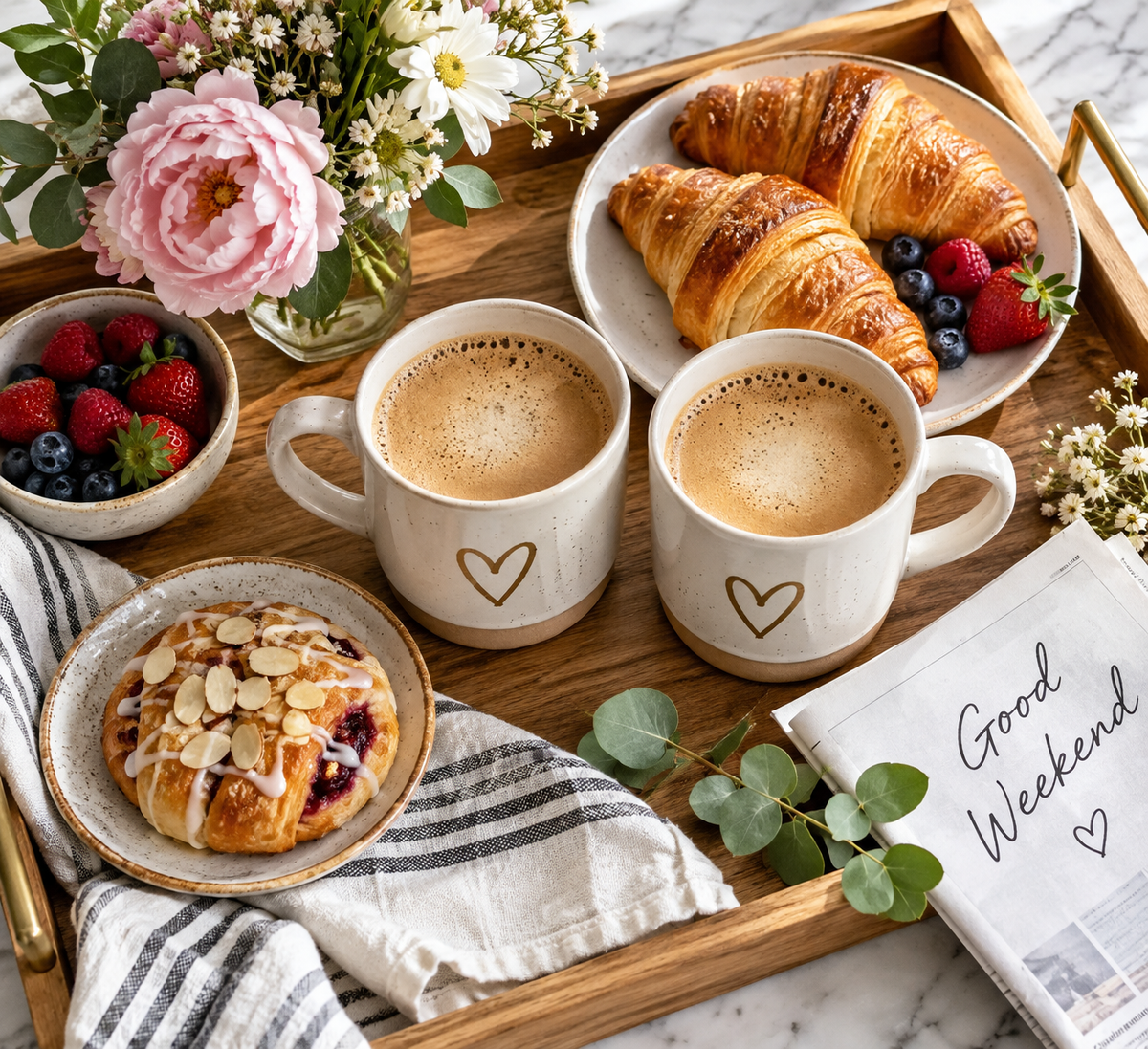 Pair of coffee mugs for weekend brunch ready for a cozy breakfast together