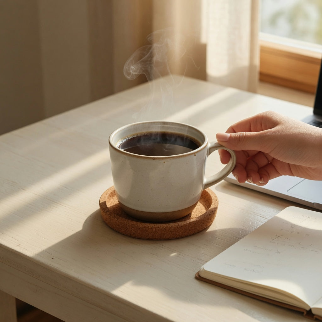 Pause coffee cup ceramic on a coaster beside a notebook and laptop in warm window light