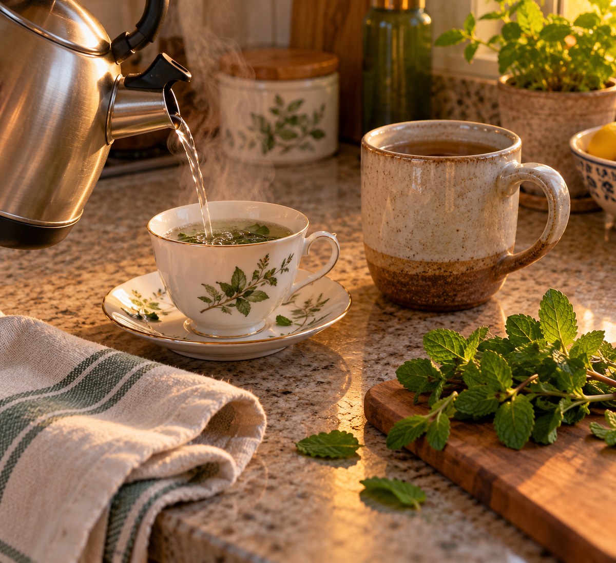 Peppermint tea cup vs mug comparison: a small china teacup and saucer beside a large mug on a warm kitchen counter, with a kettle mid-pour and fresh peppermint leaves.
