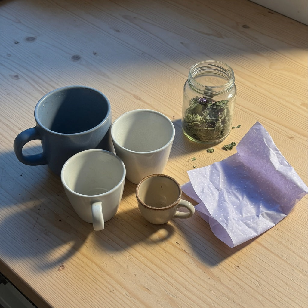 Peppermint tea gift mug options in three sizes beside dried peppermint leaves on a kitchen counter
