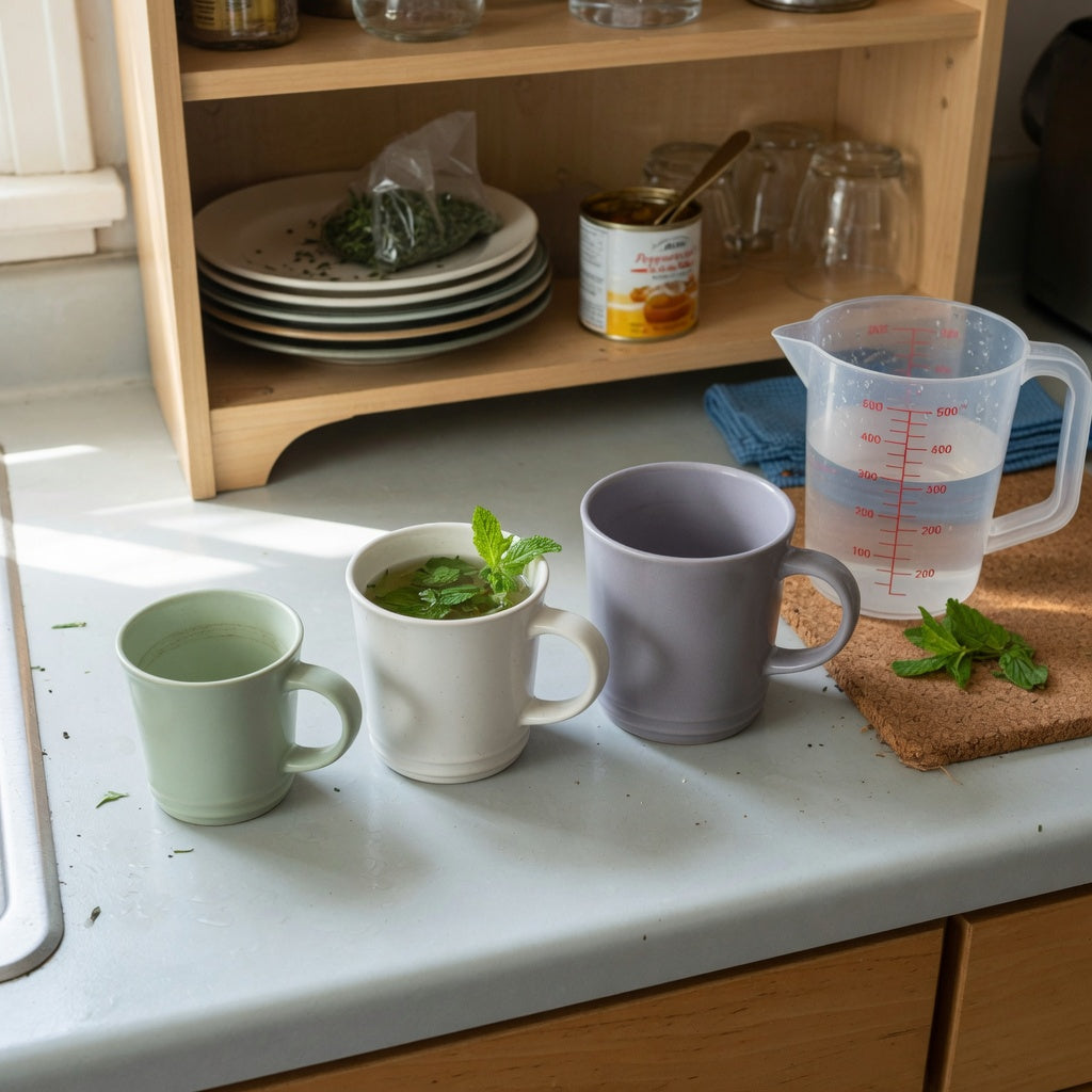 Peppermint tea mug everyday mug rotation practical purchase checklist showing 400 ml, 440 ml, and 480 ml options beside a measuring jug