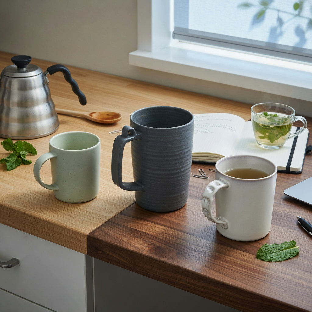 peppermint tea mug everyday mug rotation product shortlist guide showing 400 ml, 440 ml, and 480 ml mugs beside a kettle and office notebook