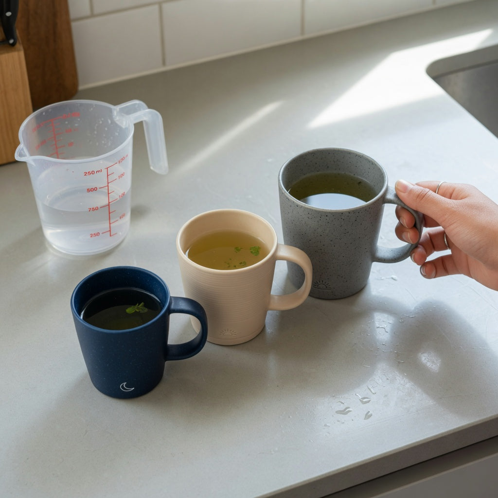 Peppermint tea mug first time buyer practical purchase checklist comparing 400 ml, 440 ml, and 480 ml mugs beside a measuring jug