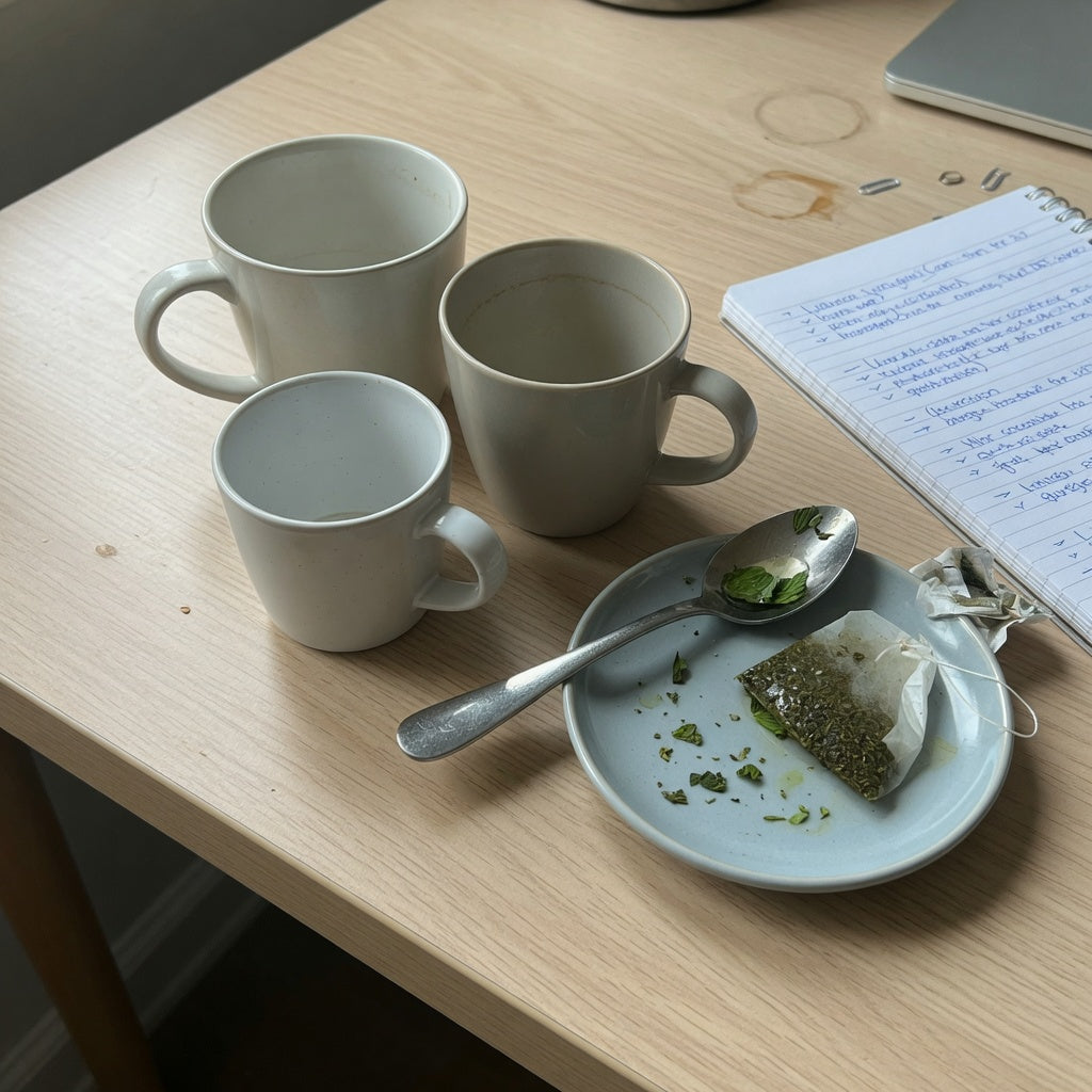 Peppermint tea mug for office comparison, with three mug sizes on a desk beside a used tea bag