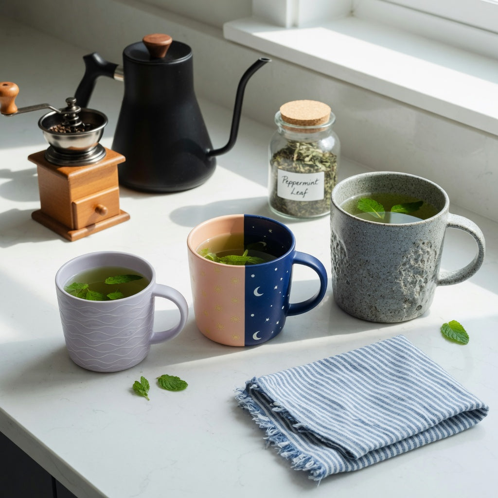 Peppermint tea mug home coffee station product shortlist guide showing three mug capacities with their handles visible